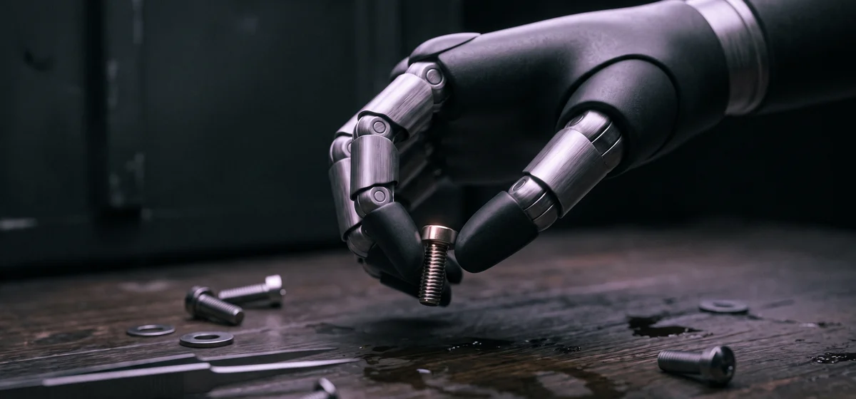 Close-up of an articulated robotic hand gripping a small bolt above a workbench scattered with screws and tweezers