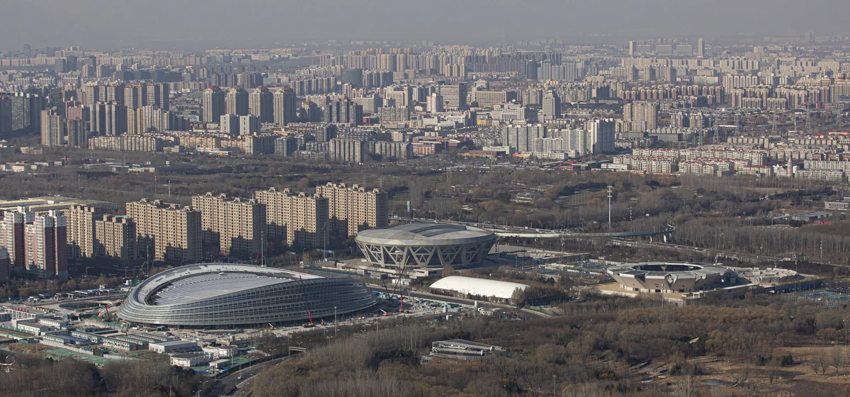 Aerial view of the National Speed Skating Oval in the Beijing Olympic Park, the venue for the 2026 World Humanoid Robot Games