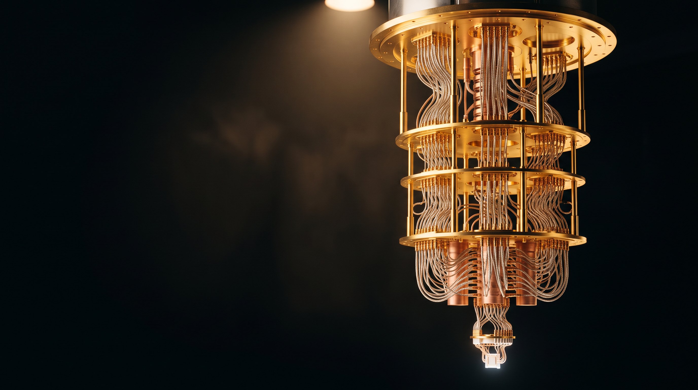 The gold dilution refrigerator of an Absolute quantum computer, hanging in a dark lab
