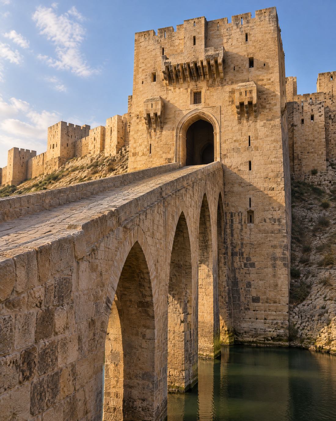 The tall stone bridge on pointed arches climbing to the gate tower