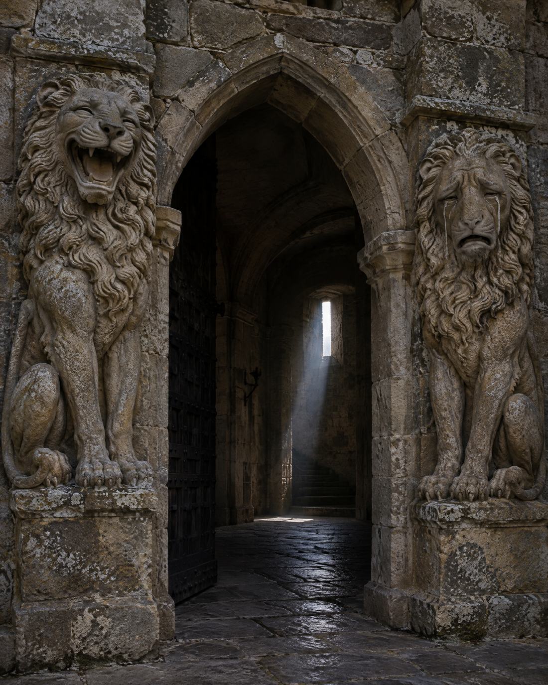 Two carved stone lions, one laughing, one weeping