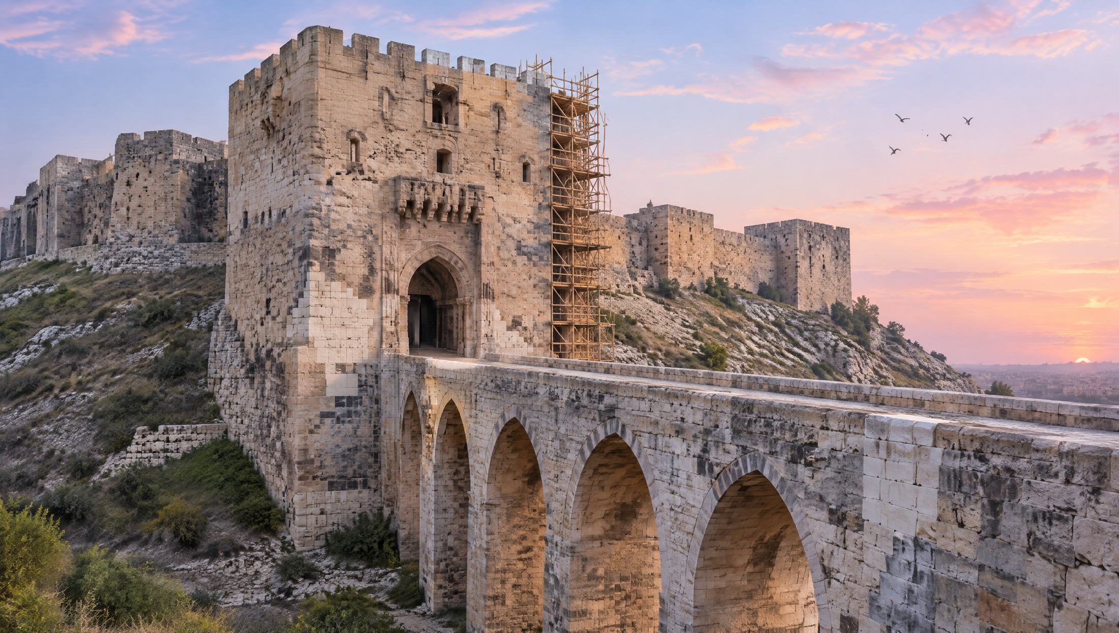 The gate tower and bridge under restoration at dawn