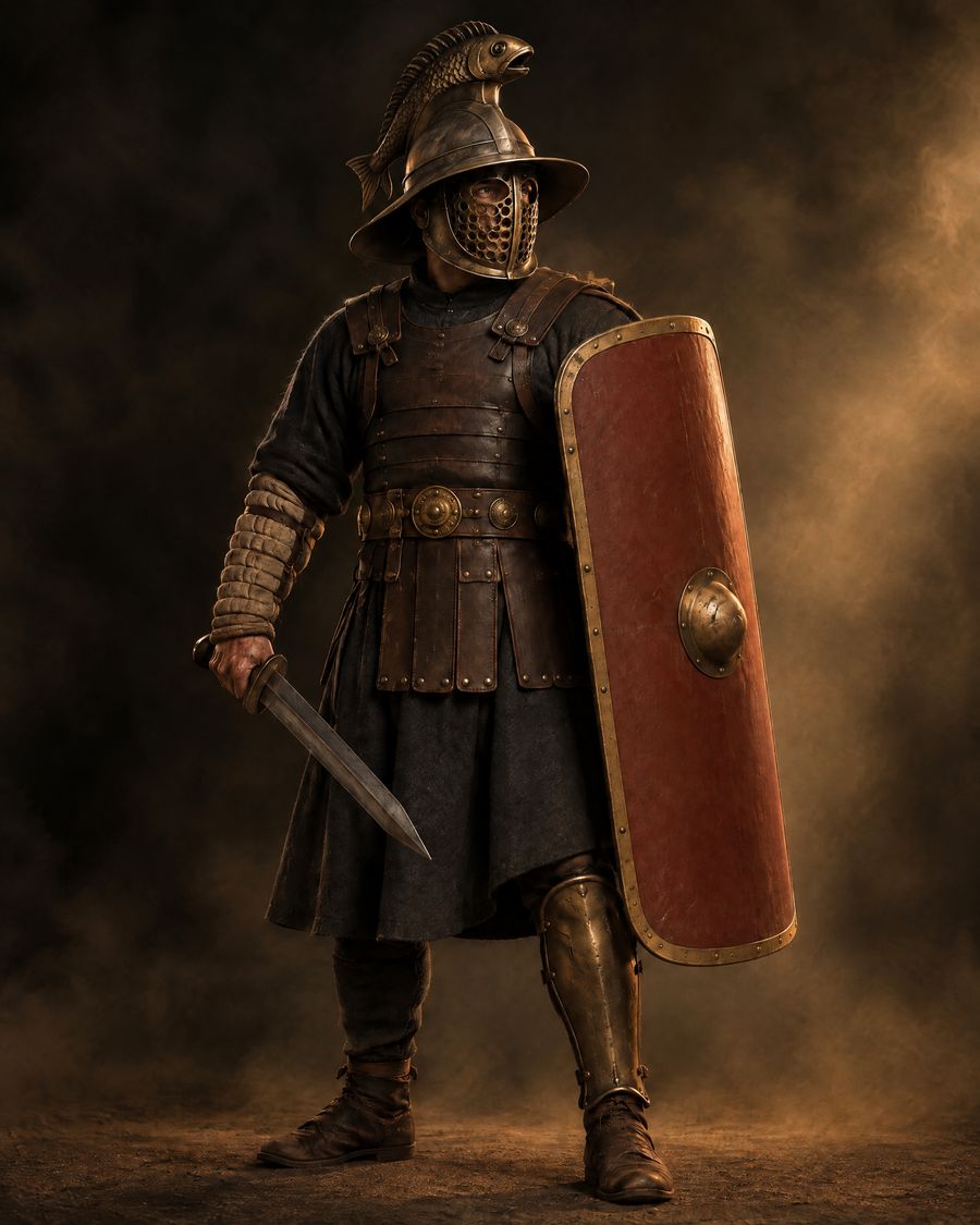 A murmillo gladiator with a crested helmet and a tall red shield