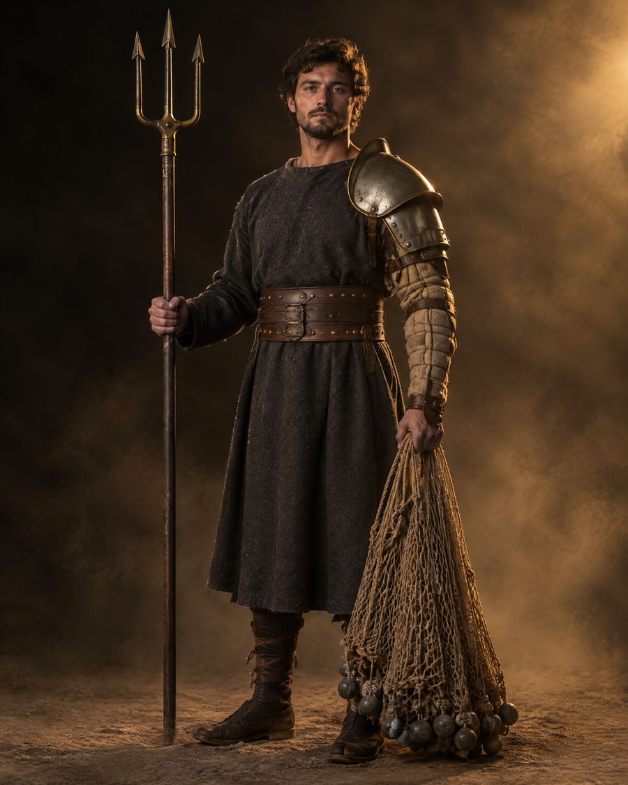 A retiarius gladiator with a net and a trident