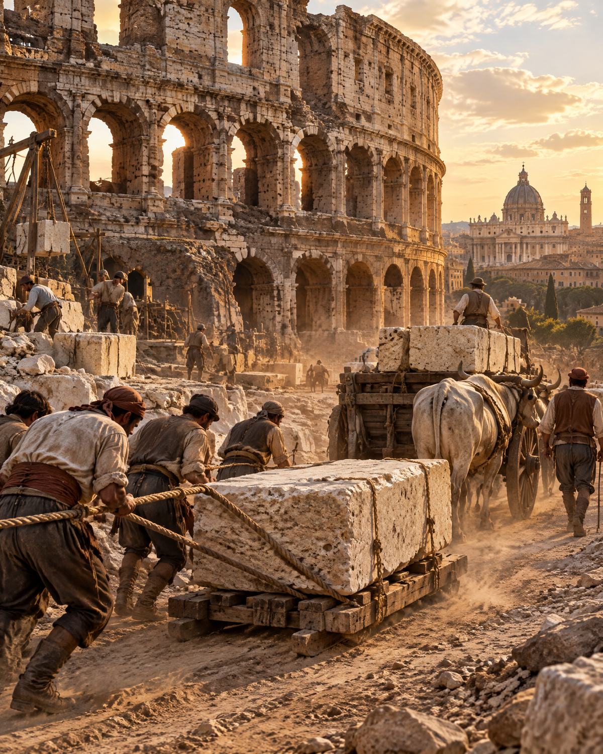 Workers hauling stone blocks away from the ruin to build new palaces and churches