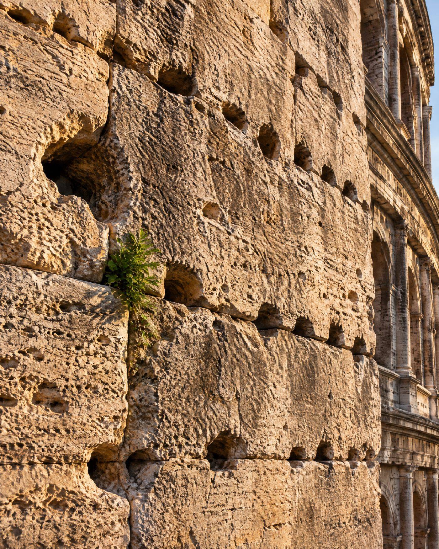 Close-up of the travertine wall, pitted with holes where iron clamps were removed