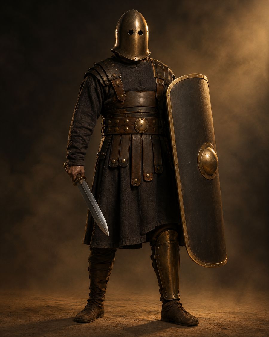 A secutor gladiator in a smooth egg-shaped helmet