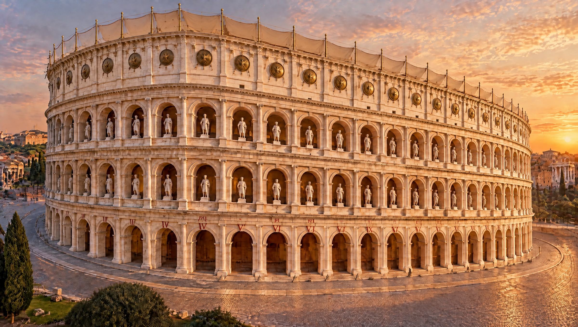 The Colosseum as it stood in 80 AD, complete, with statues and an awning
