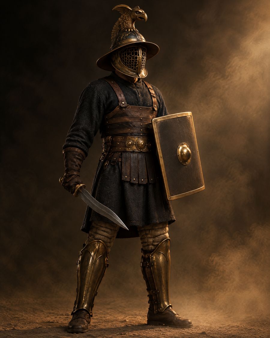 A thraex gladiator with a griffin-crested helmet and a curved sword