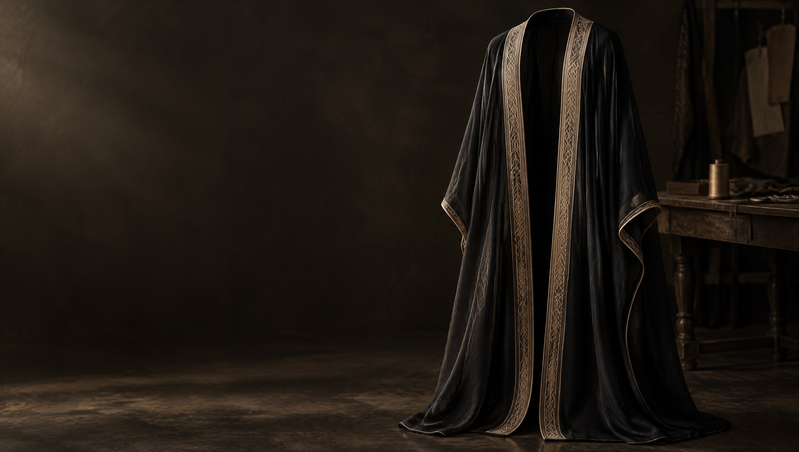 A black bisht with a hand-embroidered champagne zari border, hung open in a dark atelier