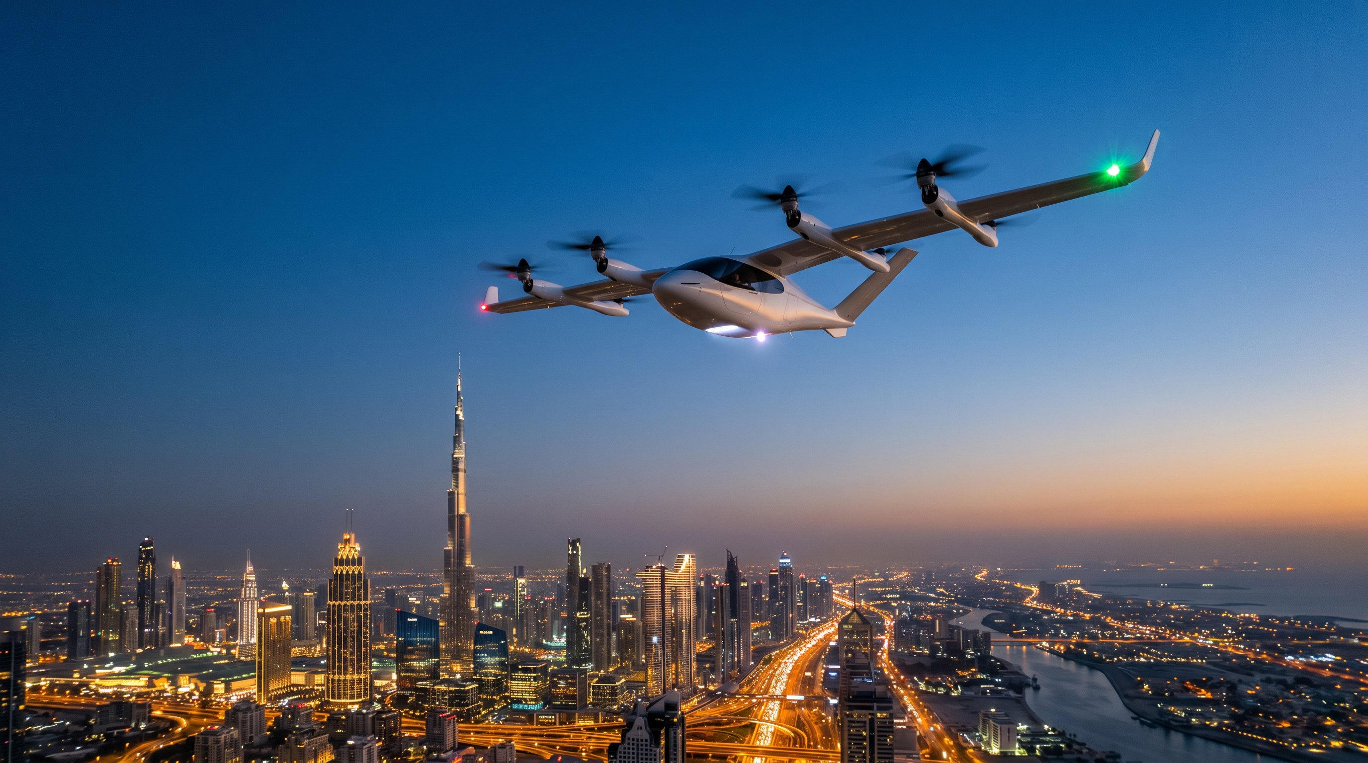 A Kite electric air taxi flying over the Dubai skyline at blue hour