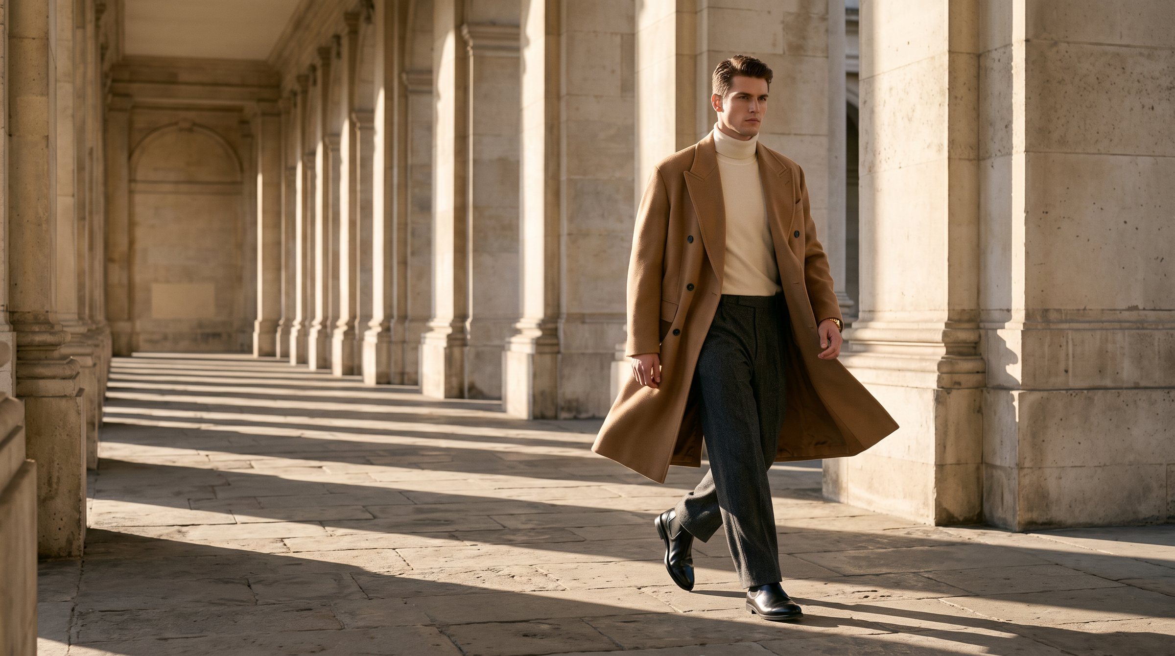 A man in a camel overcoat walking through a sunlit limestone colonnade