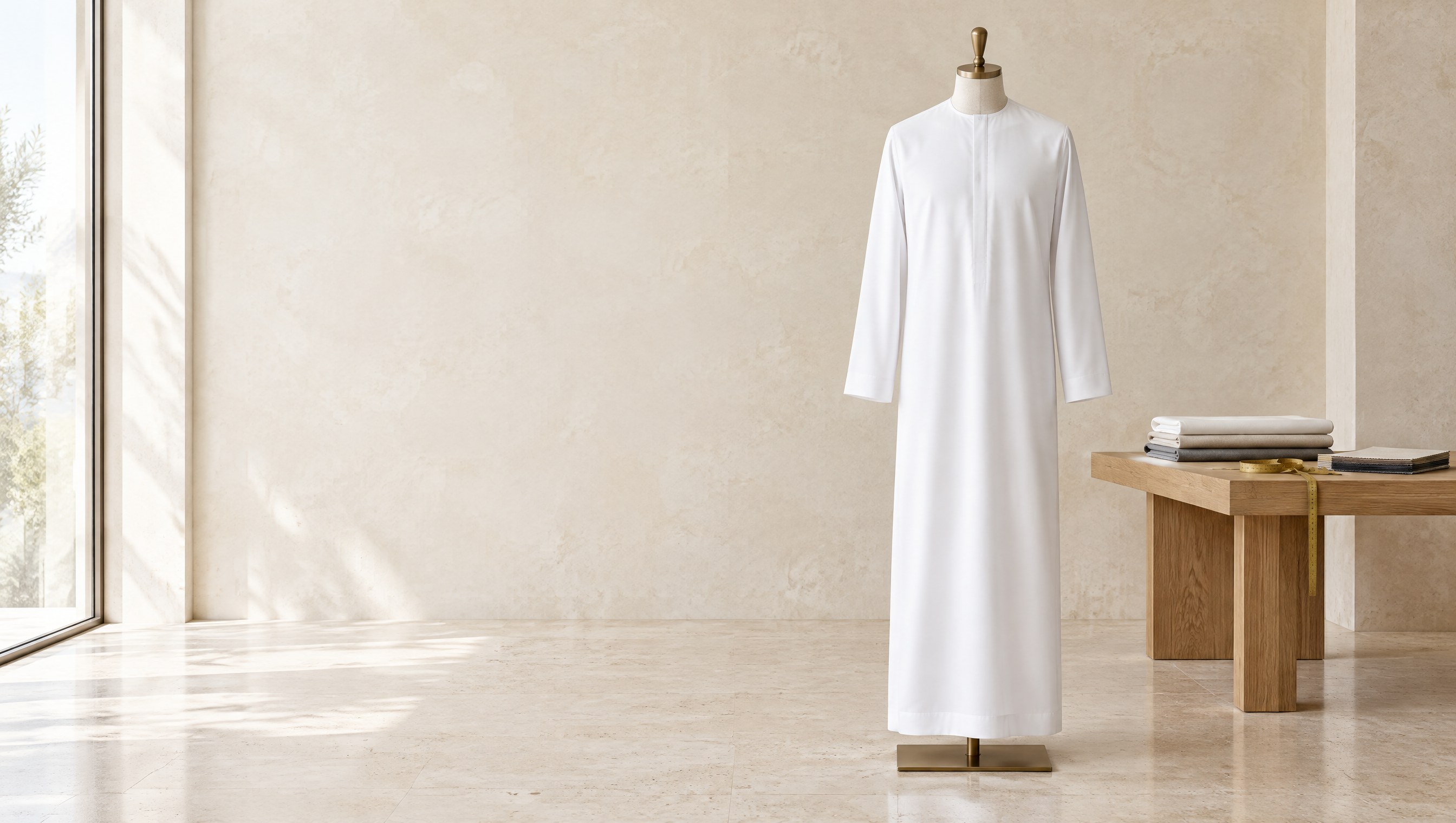 A white kandura on a tailor's dress form in a bright limestone atelier, folded cloth samples on an oak table