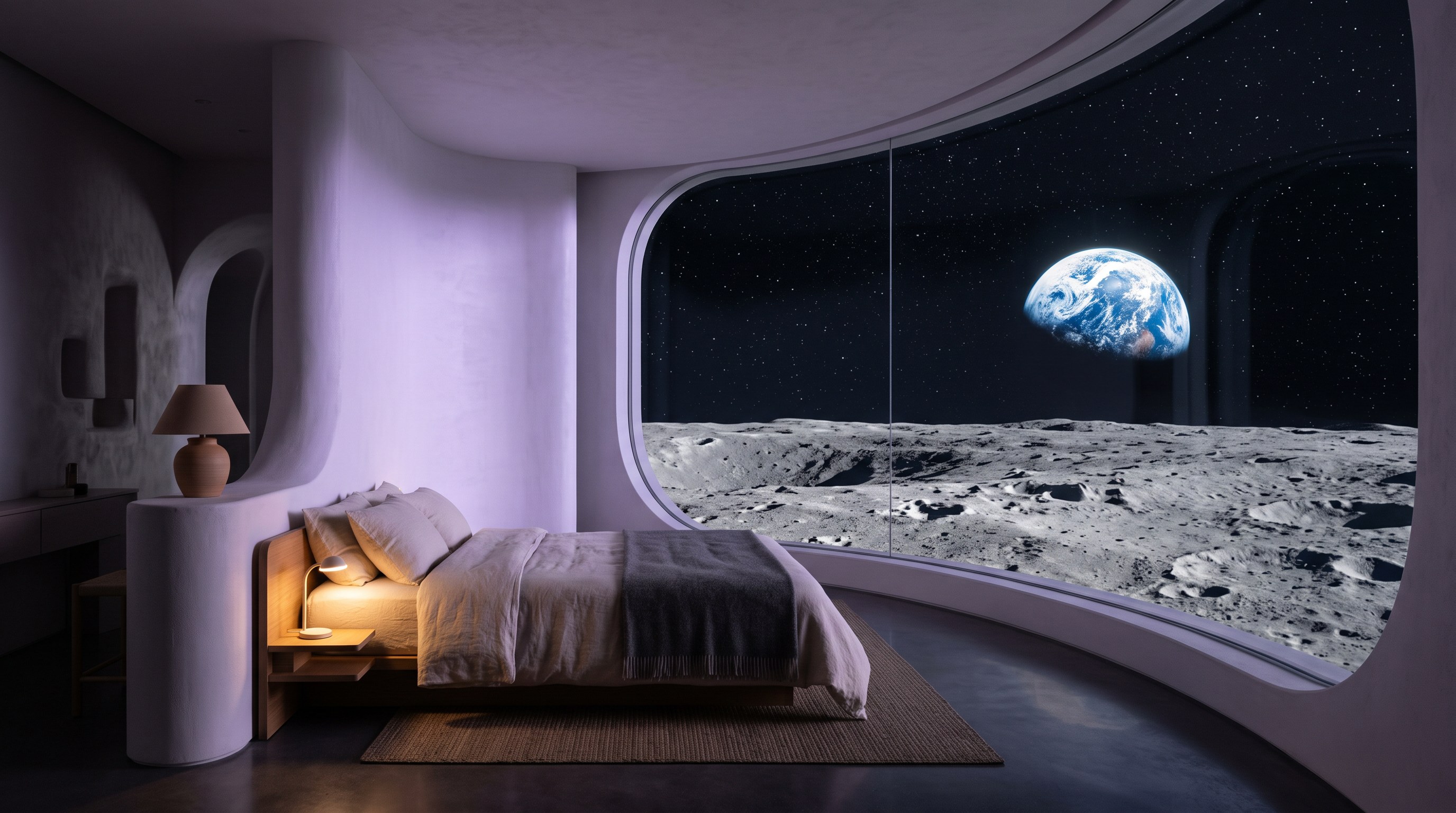 A Mare suite on the Moon: a low bed, a warm lamp and a curved window onto the lunar surface with the Earth in a black sky