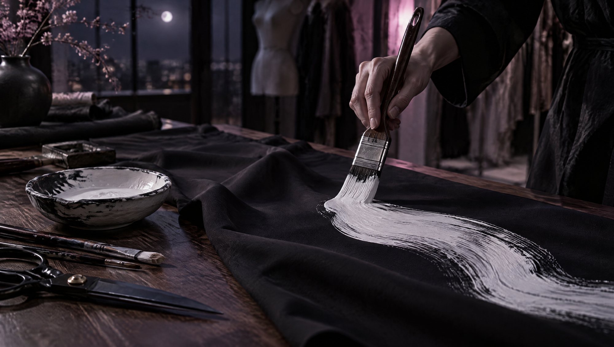A painter's hand drawing a wide white brushstroke across black crepe on the atelier table at night