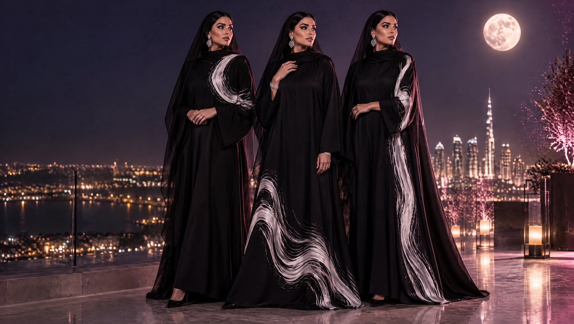 Three women on a Dubai rooftop under a full moon, each in a black abaya with a different white brushstroke