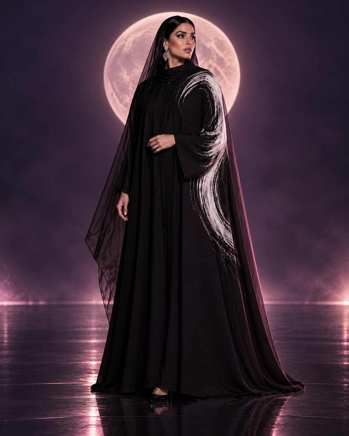 Crescent: black crepe abaya with a curved white stroke sweeping from the shoulder down the sleeve