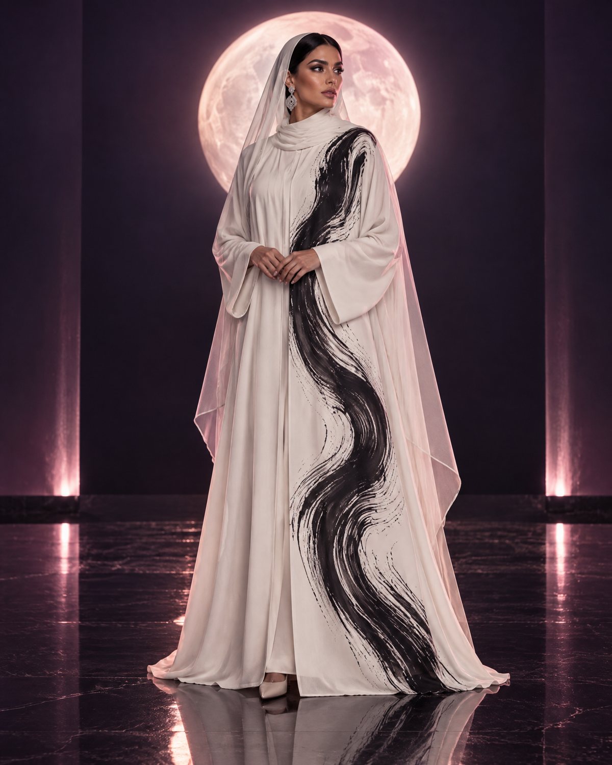 Inverse: ivory crepe abaya painted with one black stroke down the front