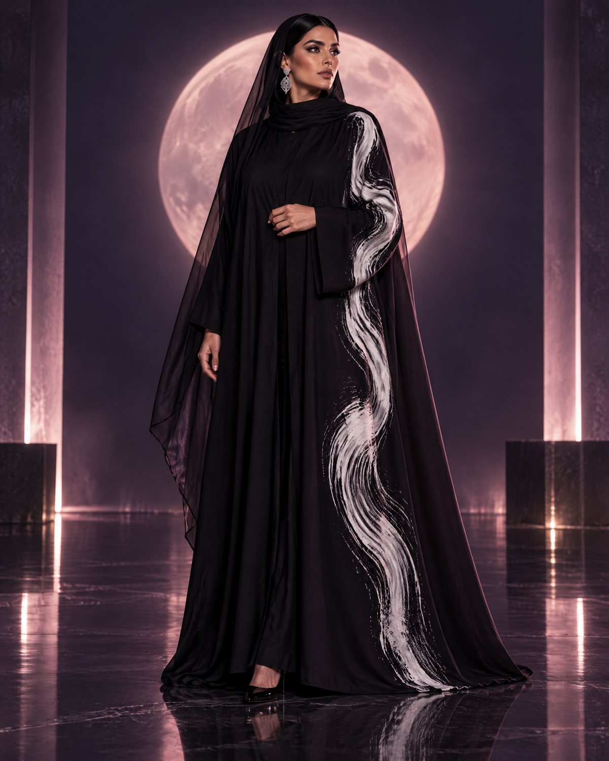 Script: black abaya with a single white line running from shoulder to hem