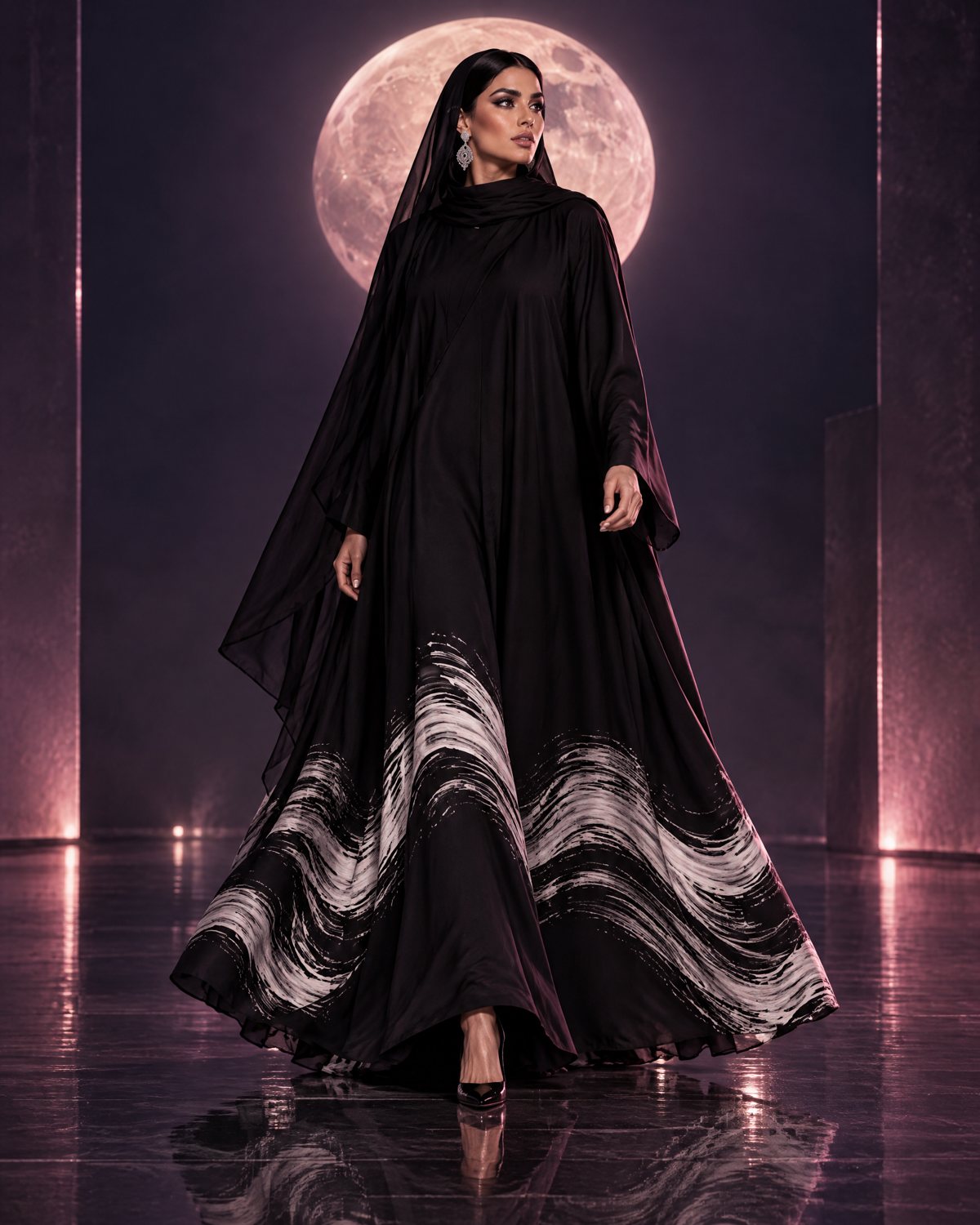 Tide: full black abaya with white brush waves painted around the hem