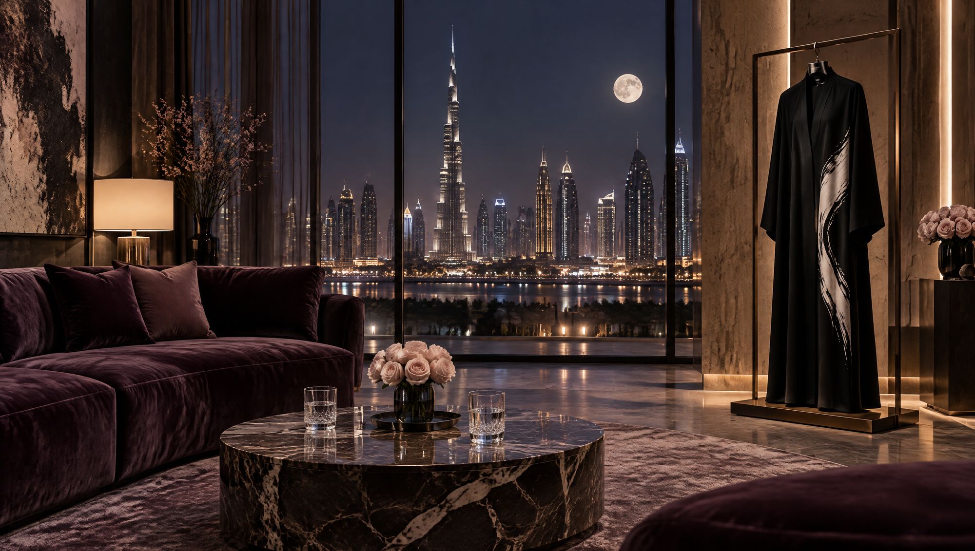 The Midad private salon at night: velvet sofa, roses, the Dubai skyline and an abaya on a stand