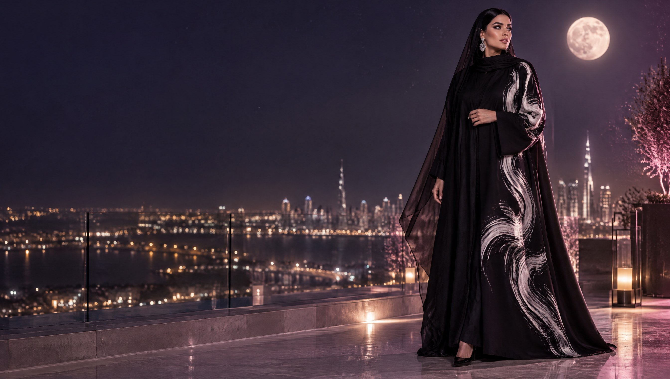 A woman on a Dubai rooftop at night in a jet-black abaya, hand-painted with one white brushstroke down the front and sleeve, under a full moon