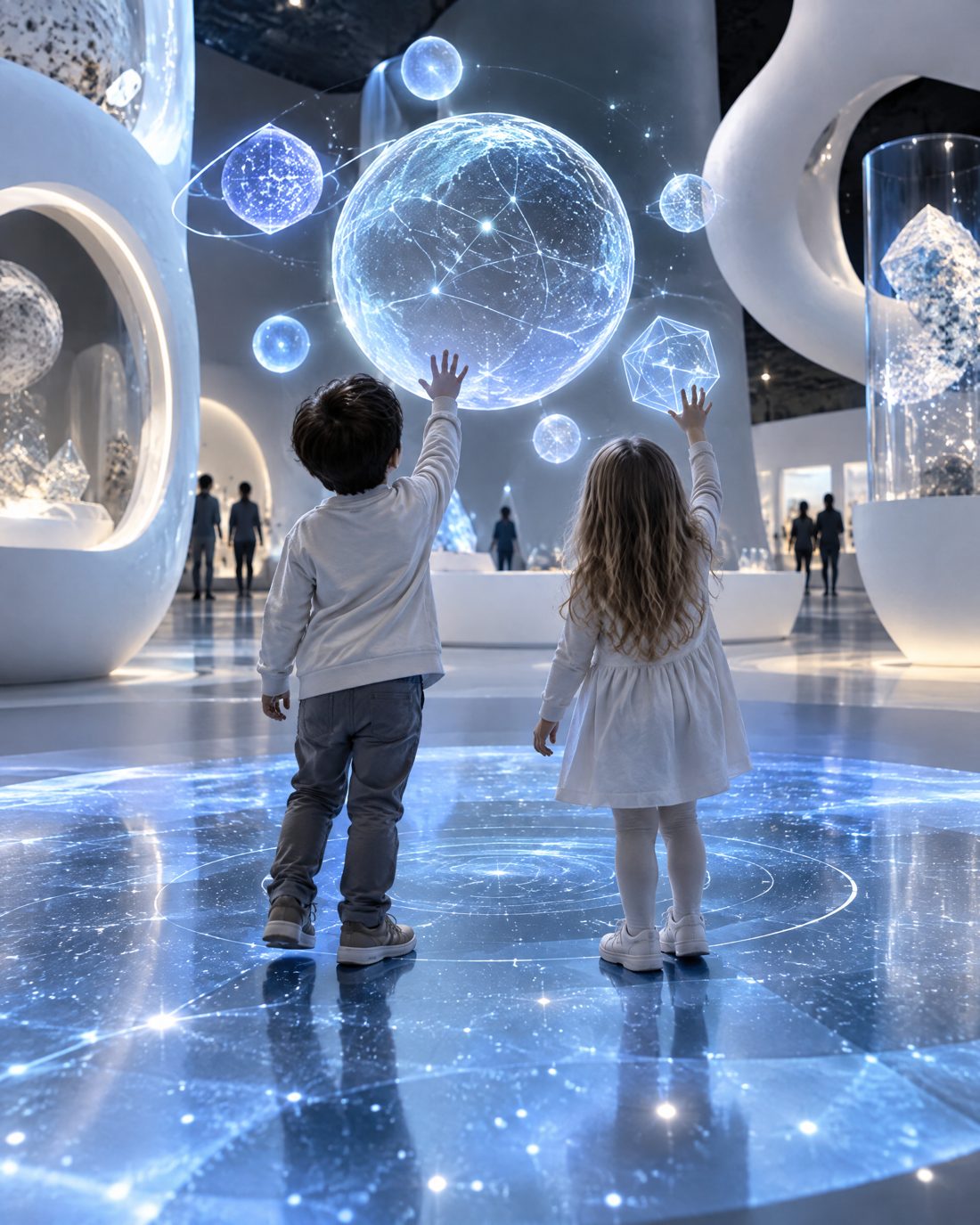 Two children reaching up to glowing holographic spheres in a white gallery