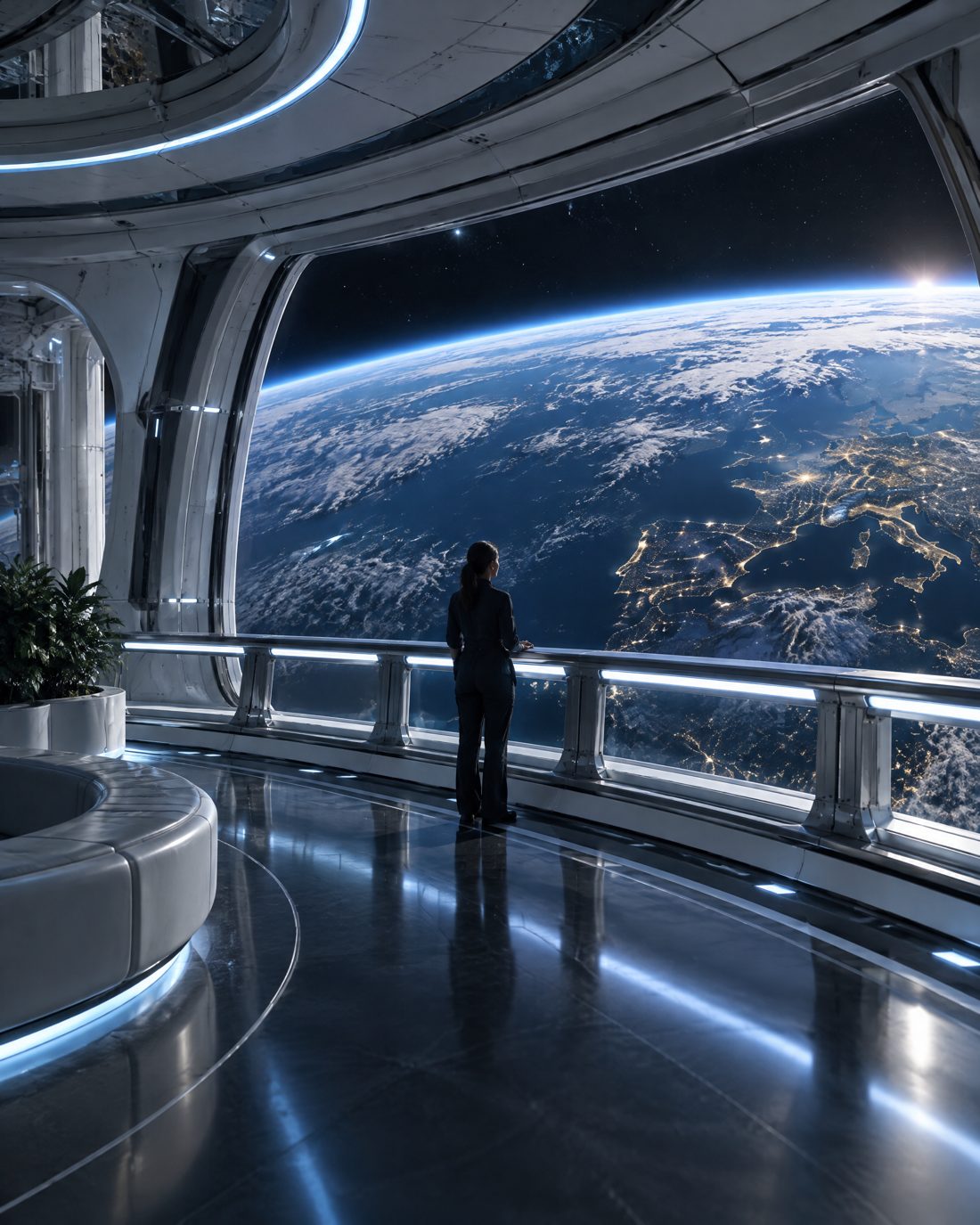 A visitor at the window of an orbital space station, Earth's night side glowing below