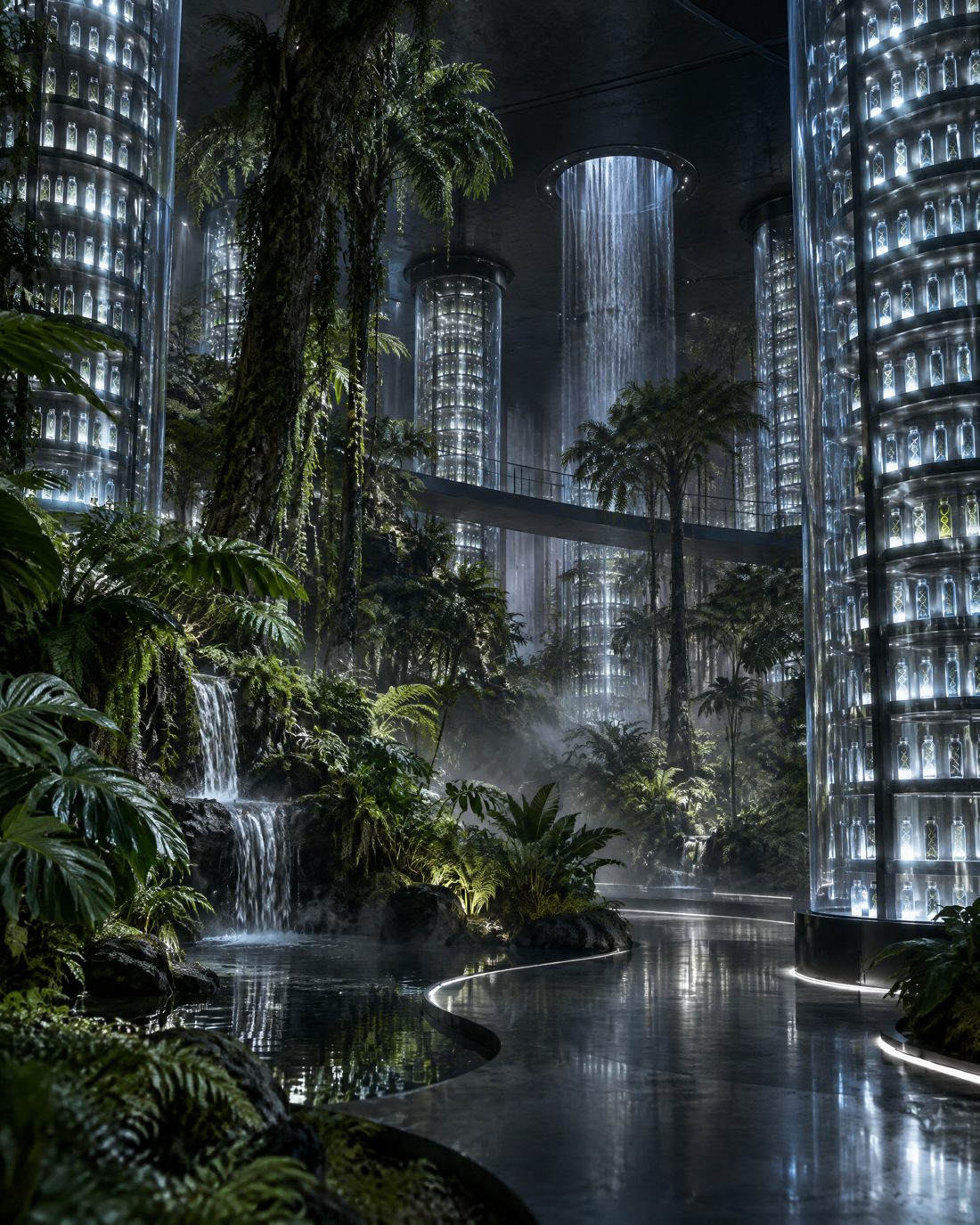 A misty indoor rainforest between glass towers lined with glowing DNA samples