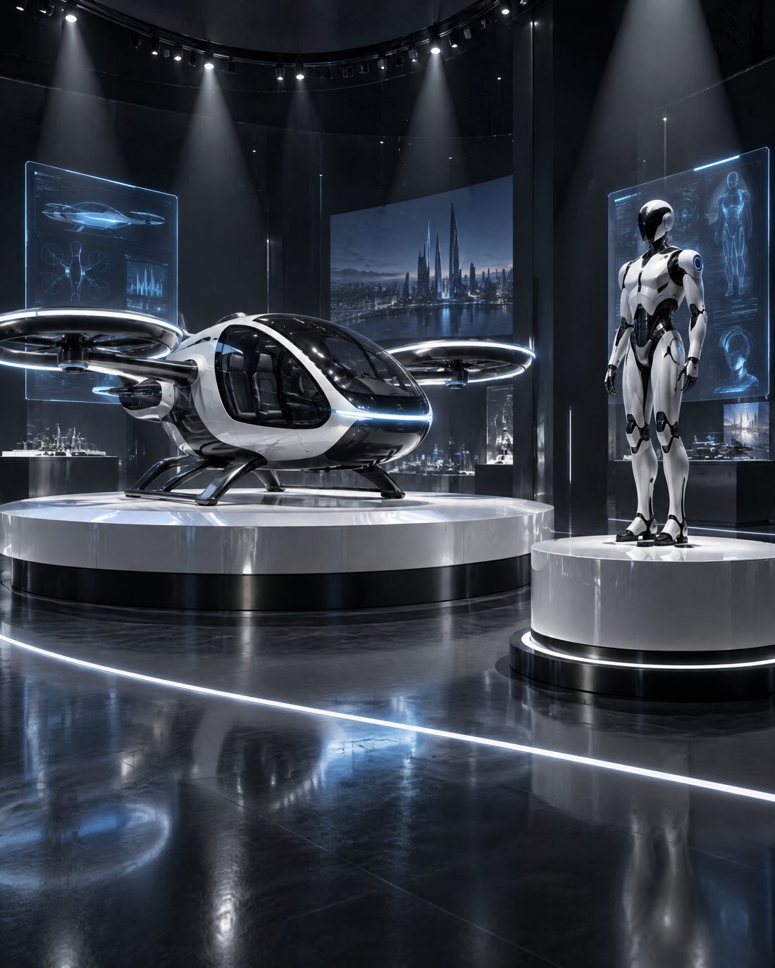 A passenger air taxi and a humanoid robot on lit plinths in a dark gallery