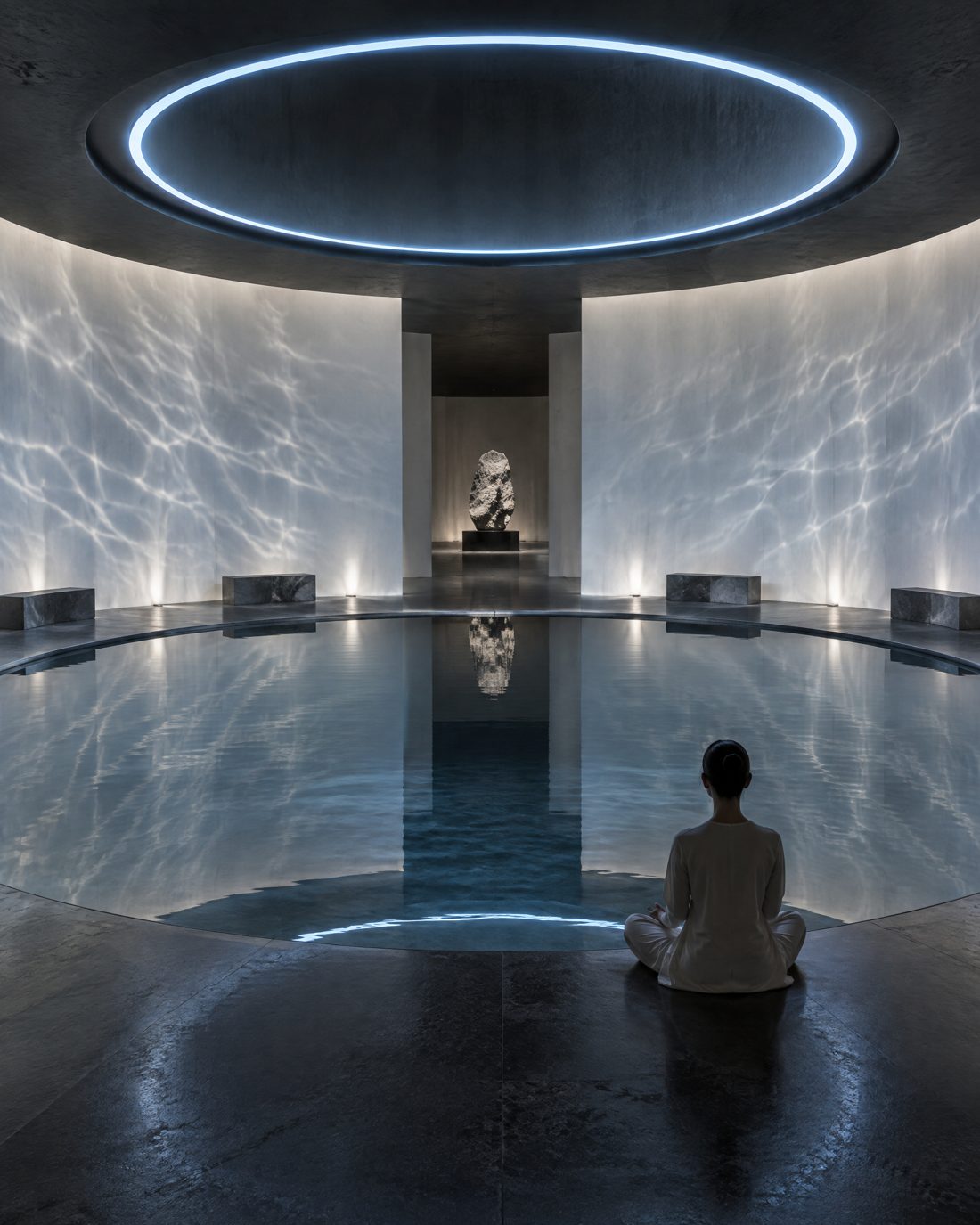 A person meditating beside a circular pool under a ring of light