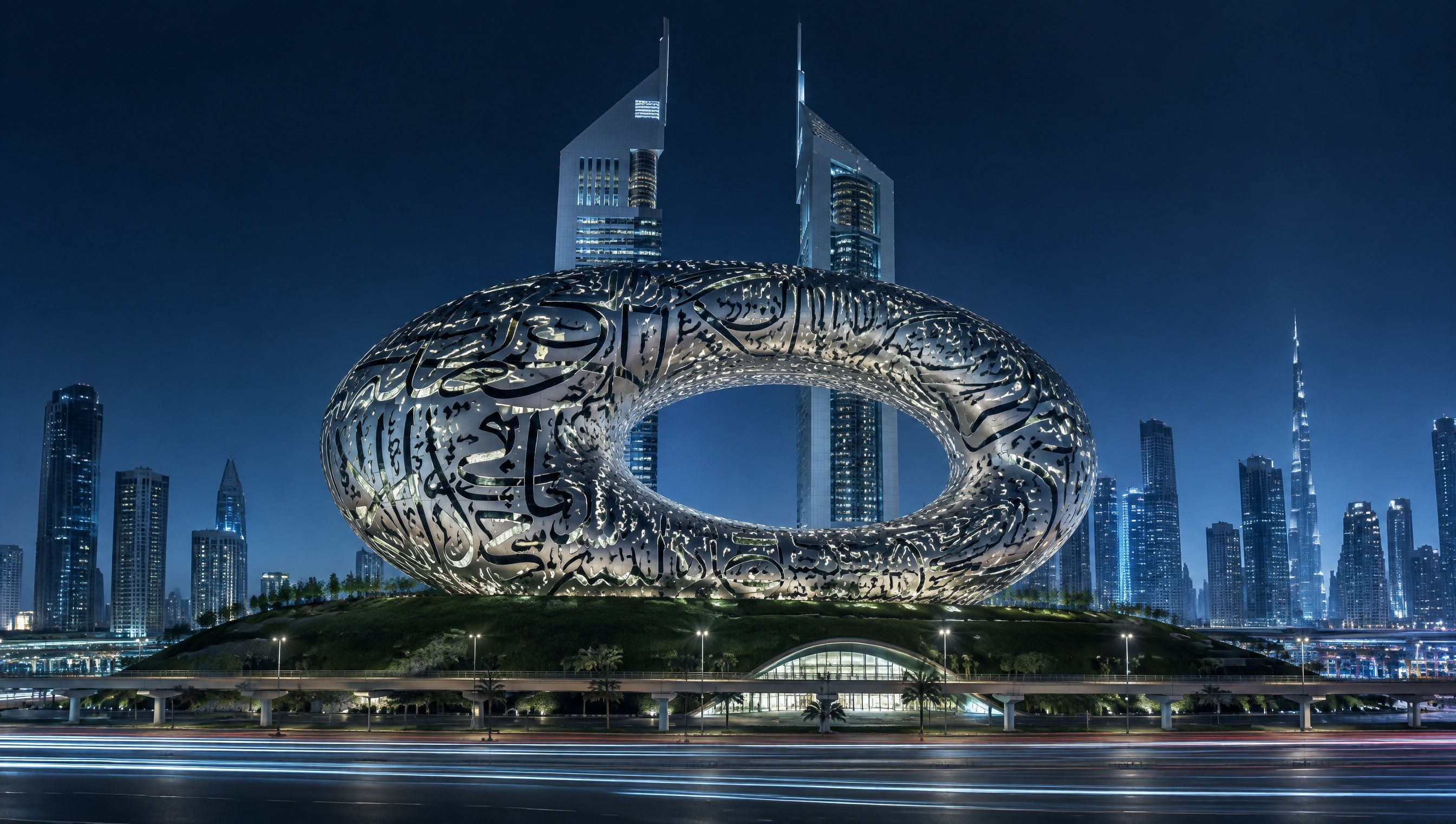 The Museum of the Future at night, its steel torus lit from within against the Dubai skyline