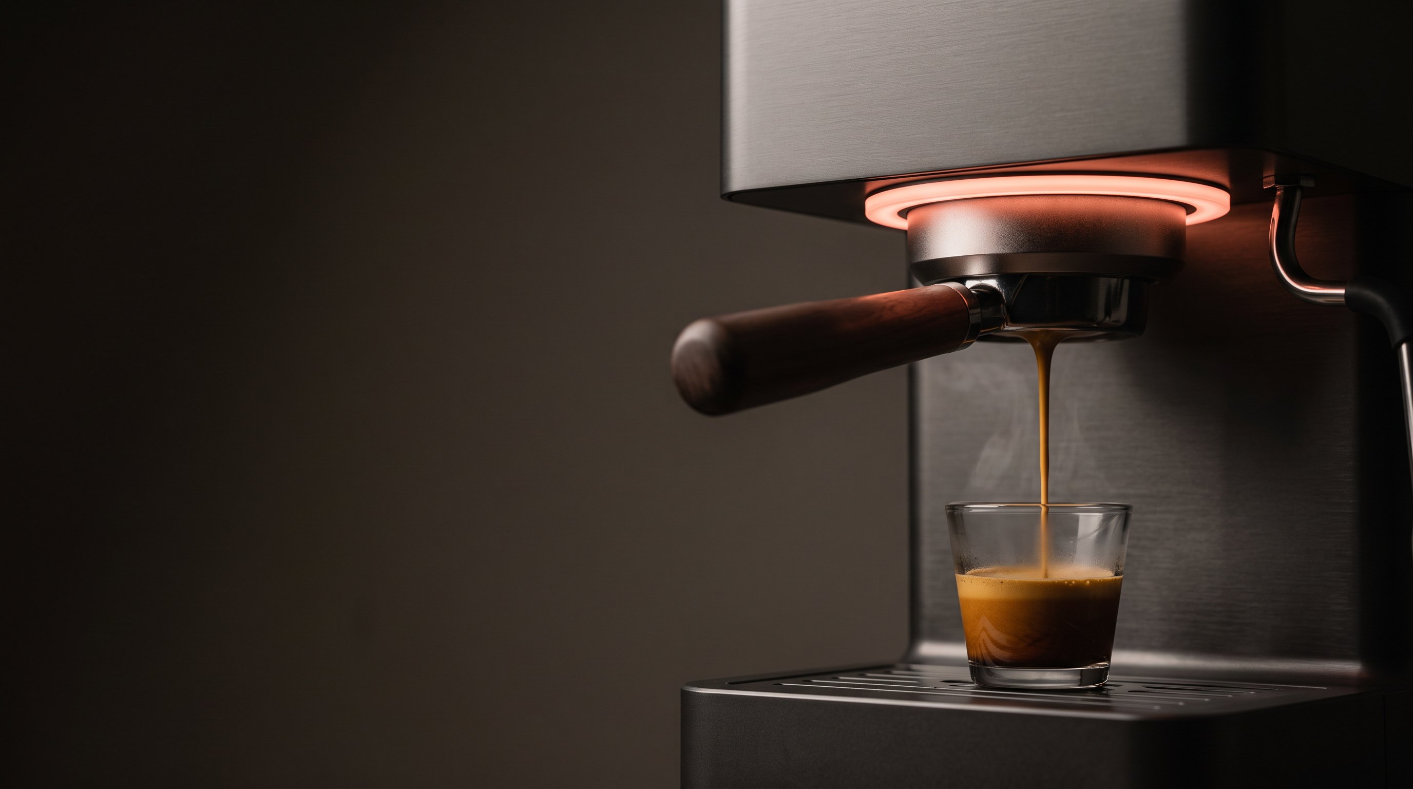 An Ostro espresso machine pulling a shot into a glass, the group head ringed in light