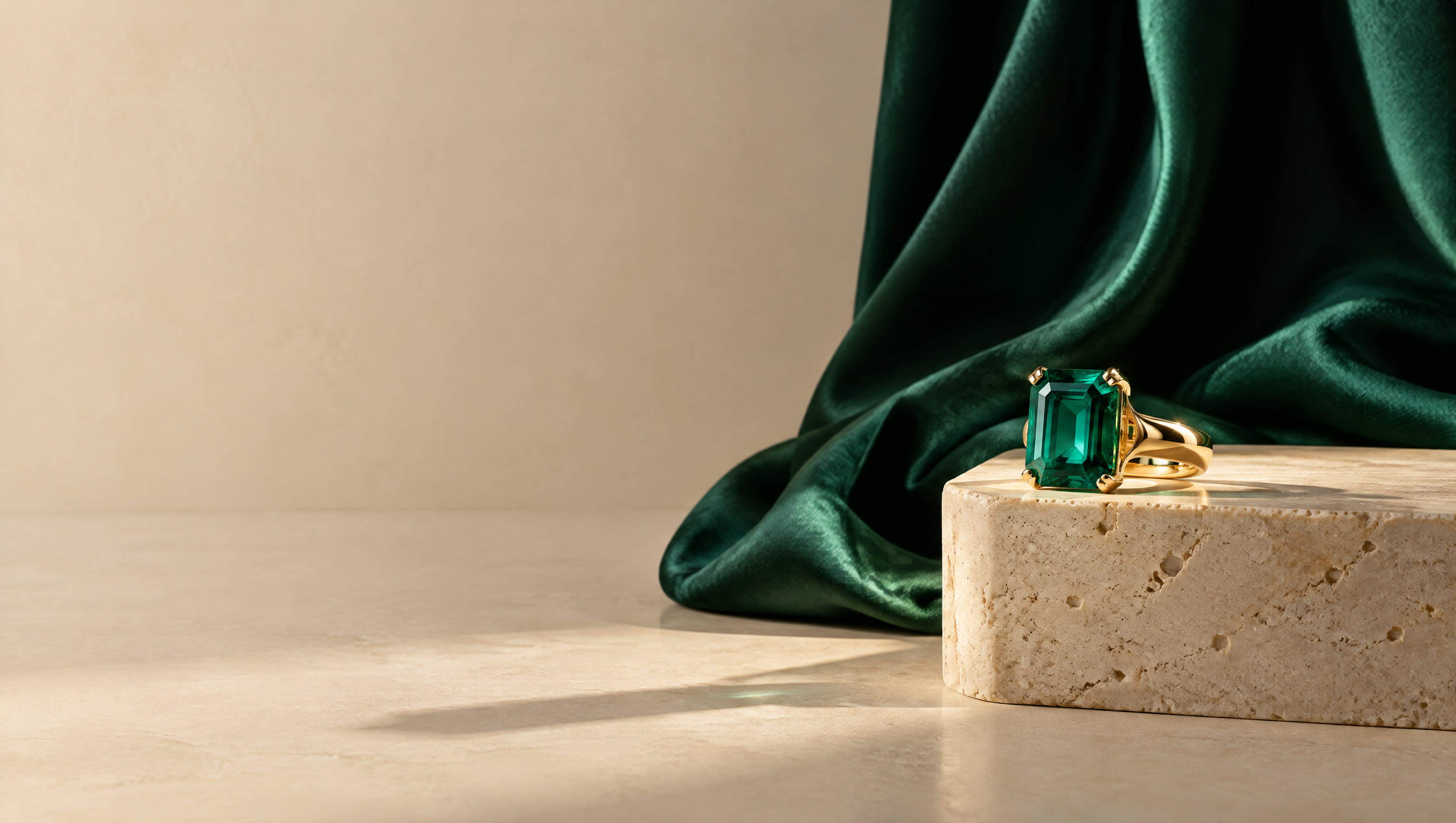 An emerald-cut emerald set in an 18k gold ring on a travertine plinth, deep green silk behind