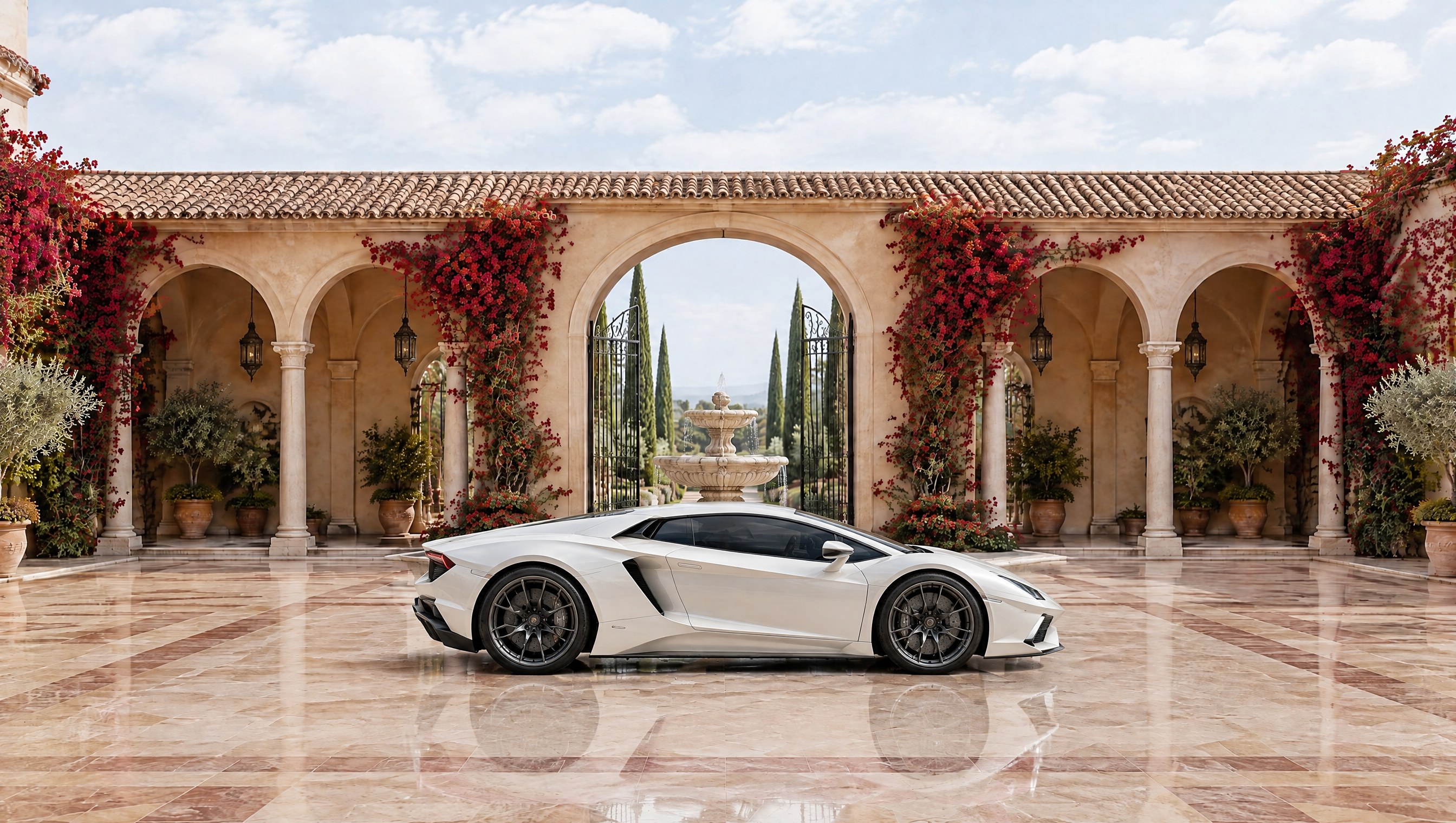 A white supercar parked in the courtyard of an Andalusian palace hotel, the gate open onto a fountain and cypress trees