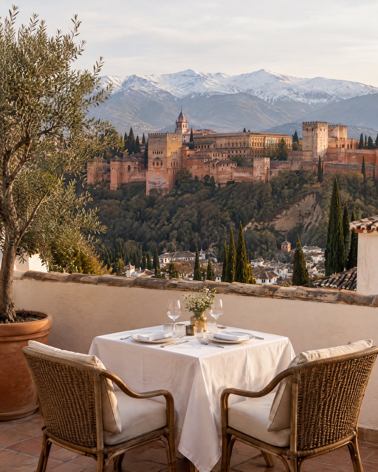 A rooftop terrace in Granada facing the Alhambra and the snow on the Sierra Nevada
