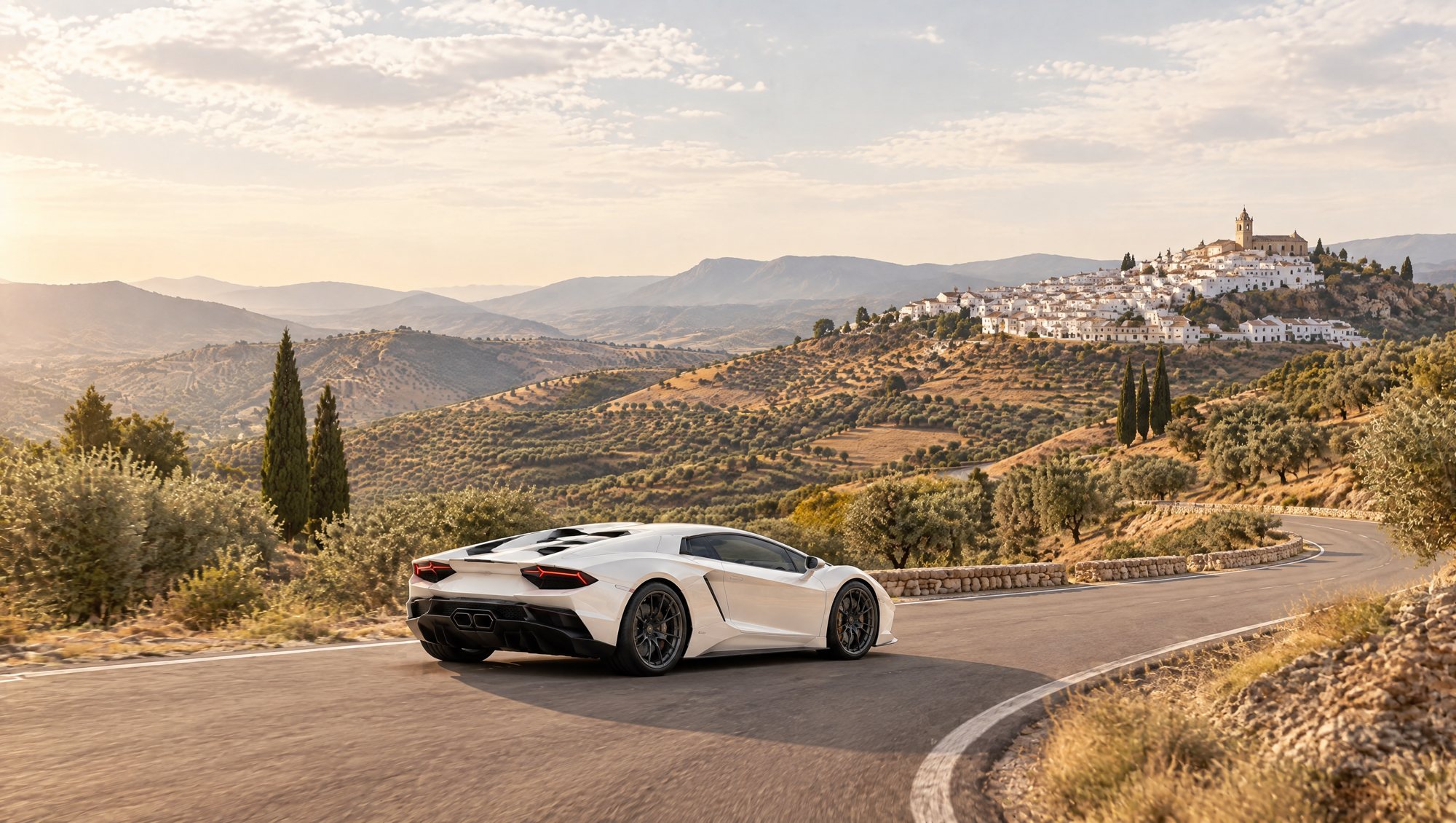 The white supercar on a winding road through olive hills, a white village on the ridge