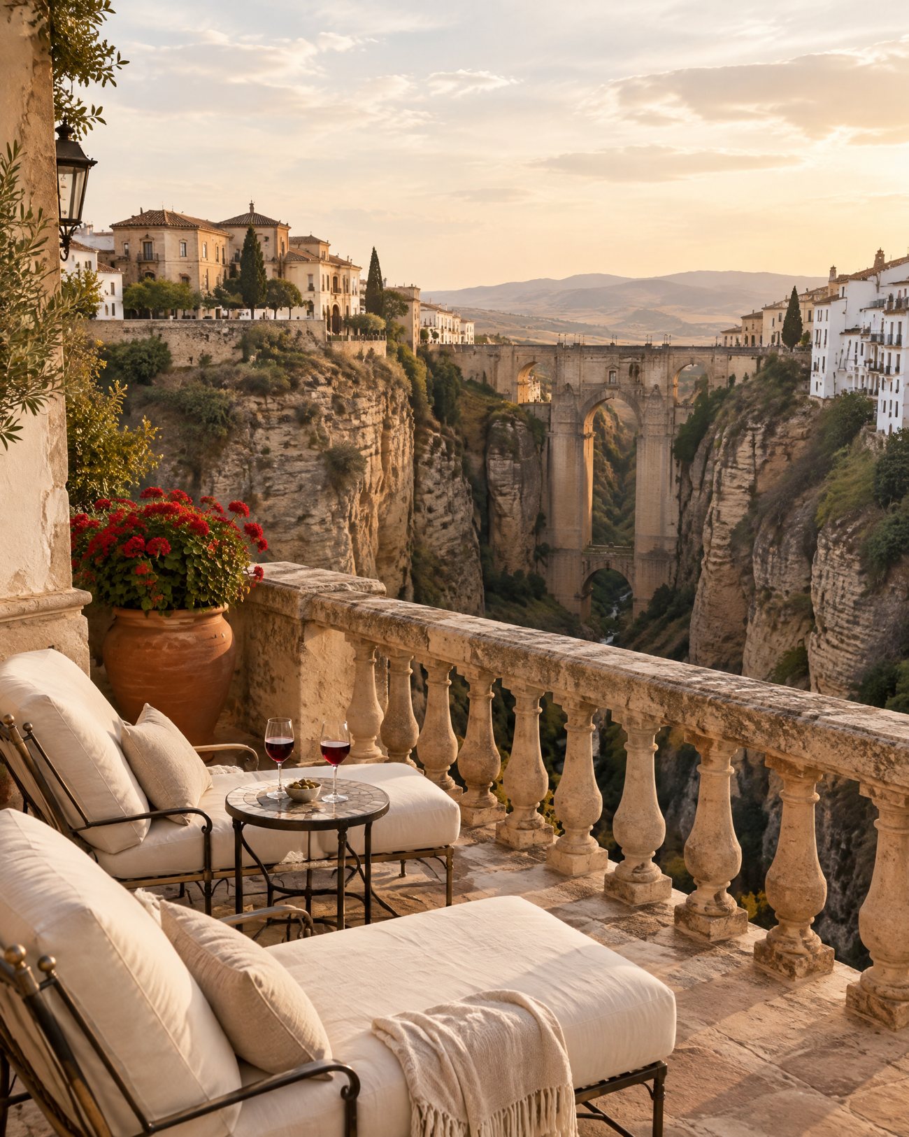 A cliff-top terrace in Ronda above the gorge, the old stone bridge beyond