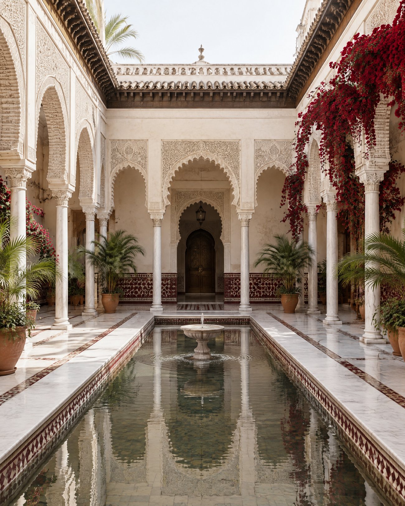 A palace courtyard in Seville with a long reflecting pool between marble columns