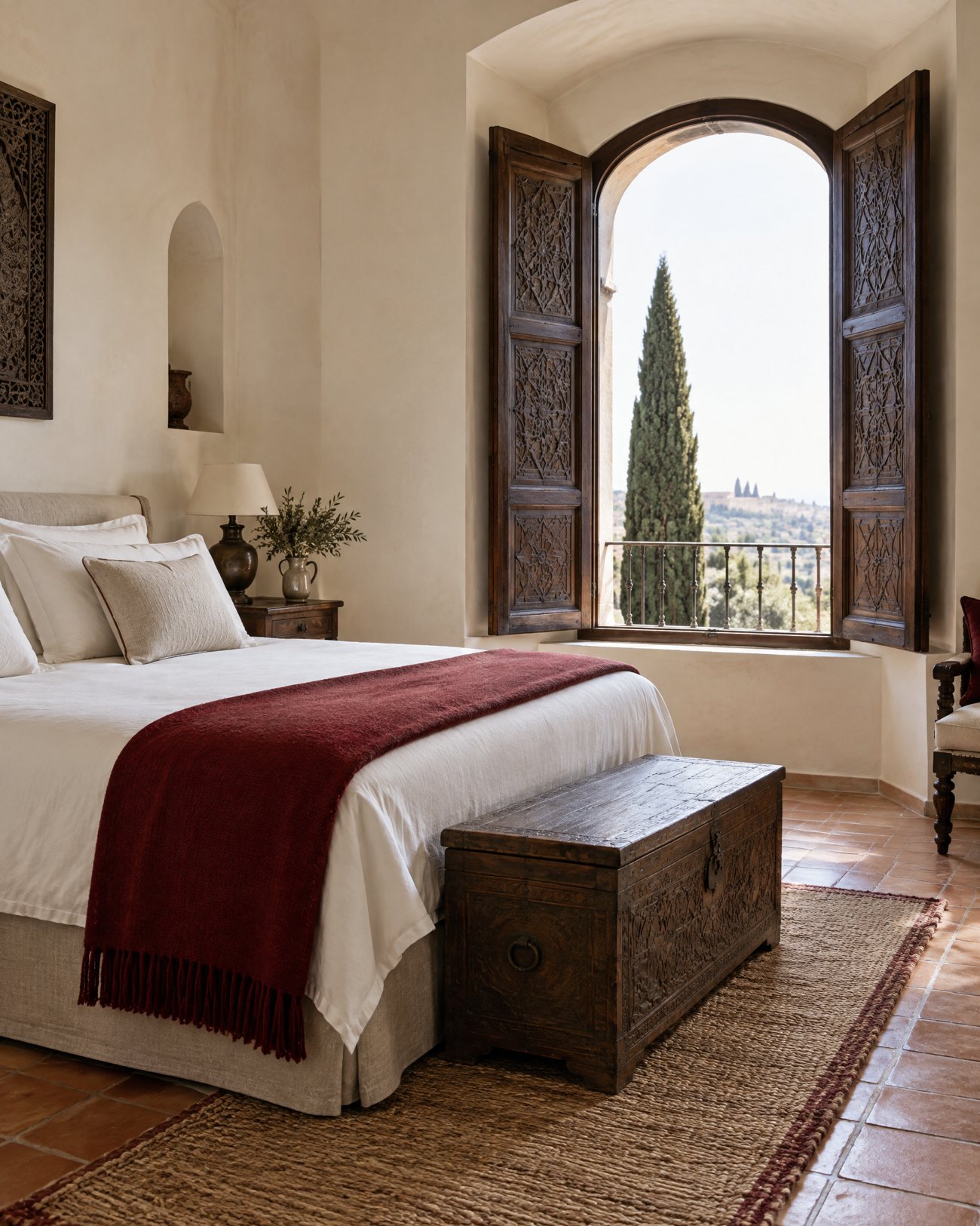 A suite with lime plaster walls, an arched window and a red throw on white linen