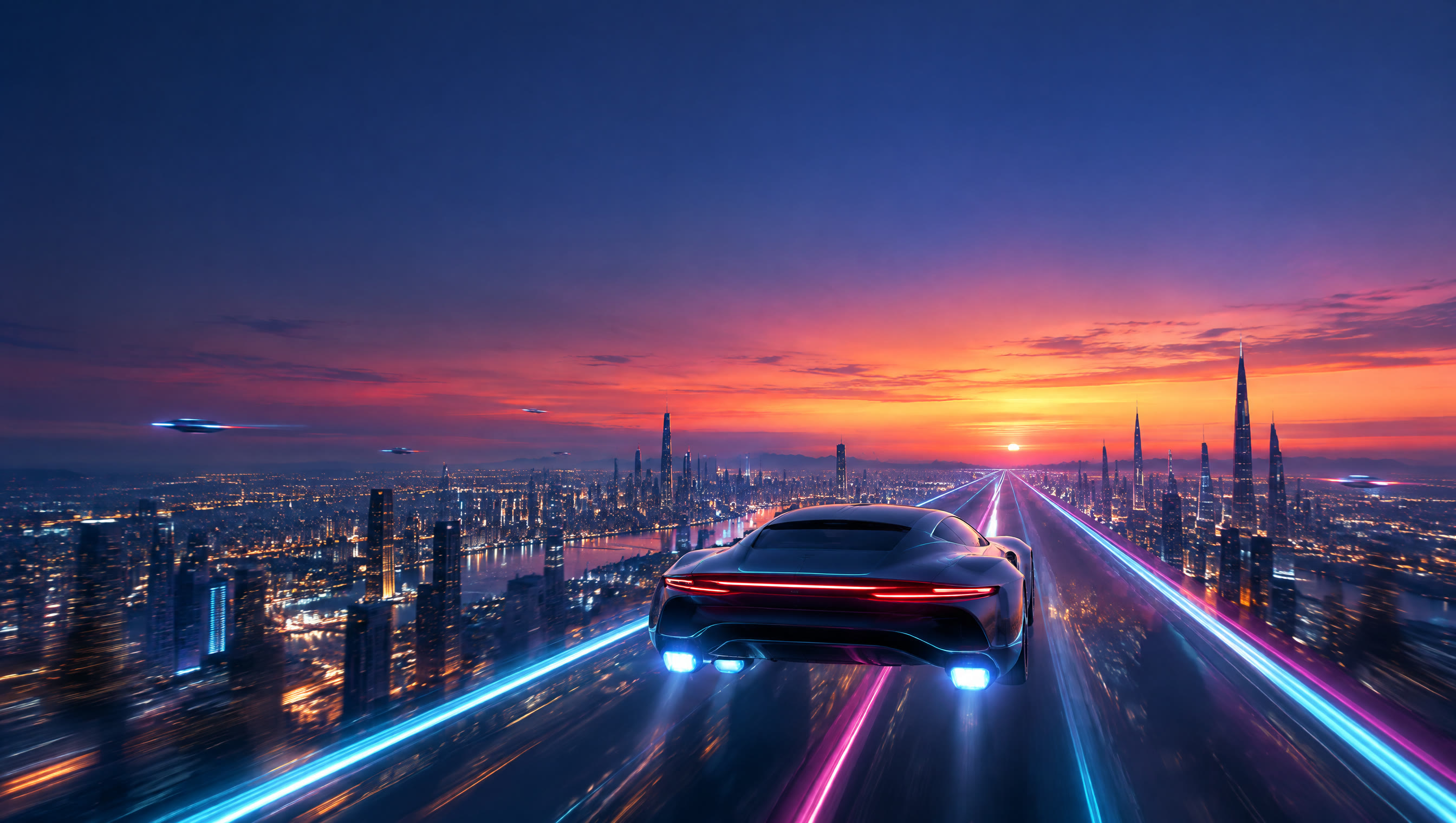 A silver flying car speeding along a lit skylane above a city at dusk