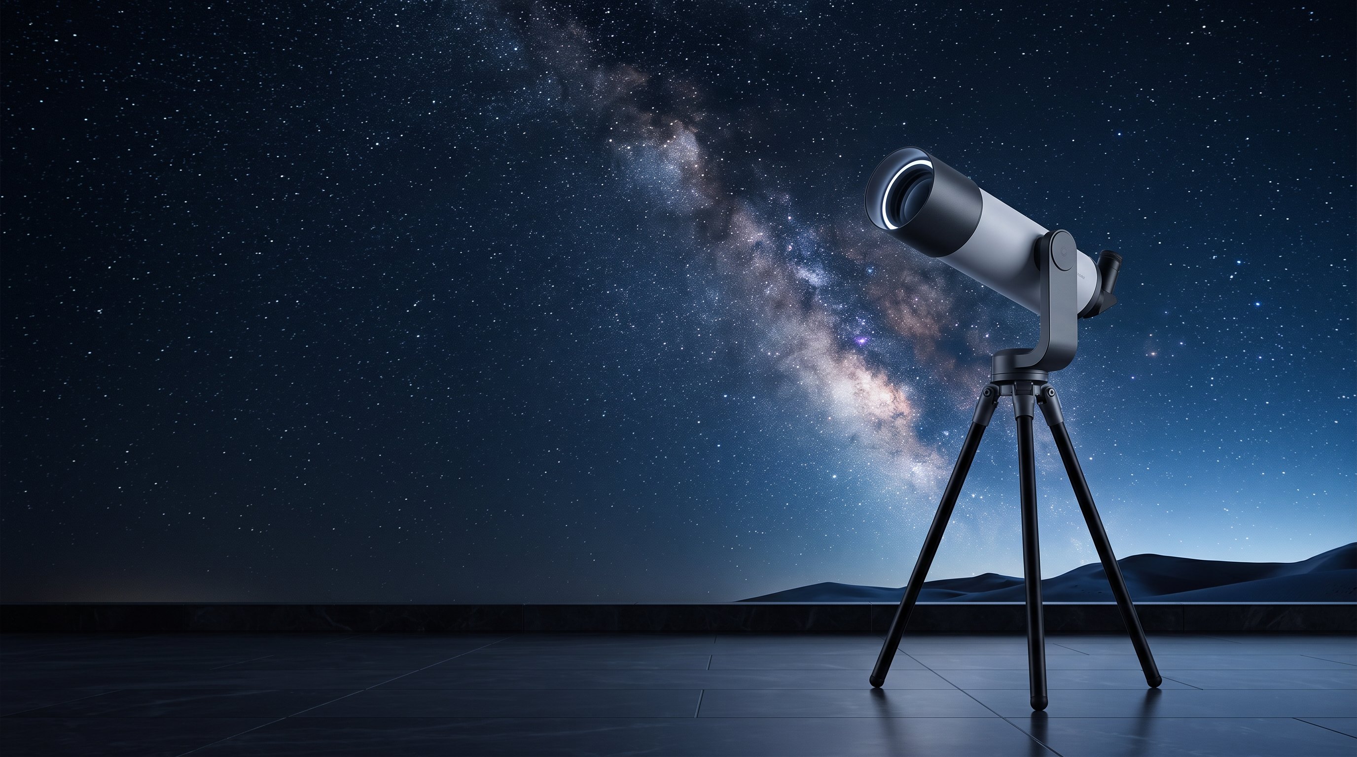 A Vesper smart telescope on a night terrace under the Milky Way