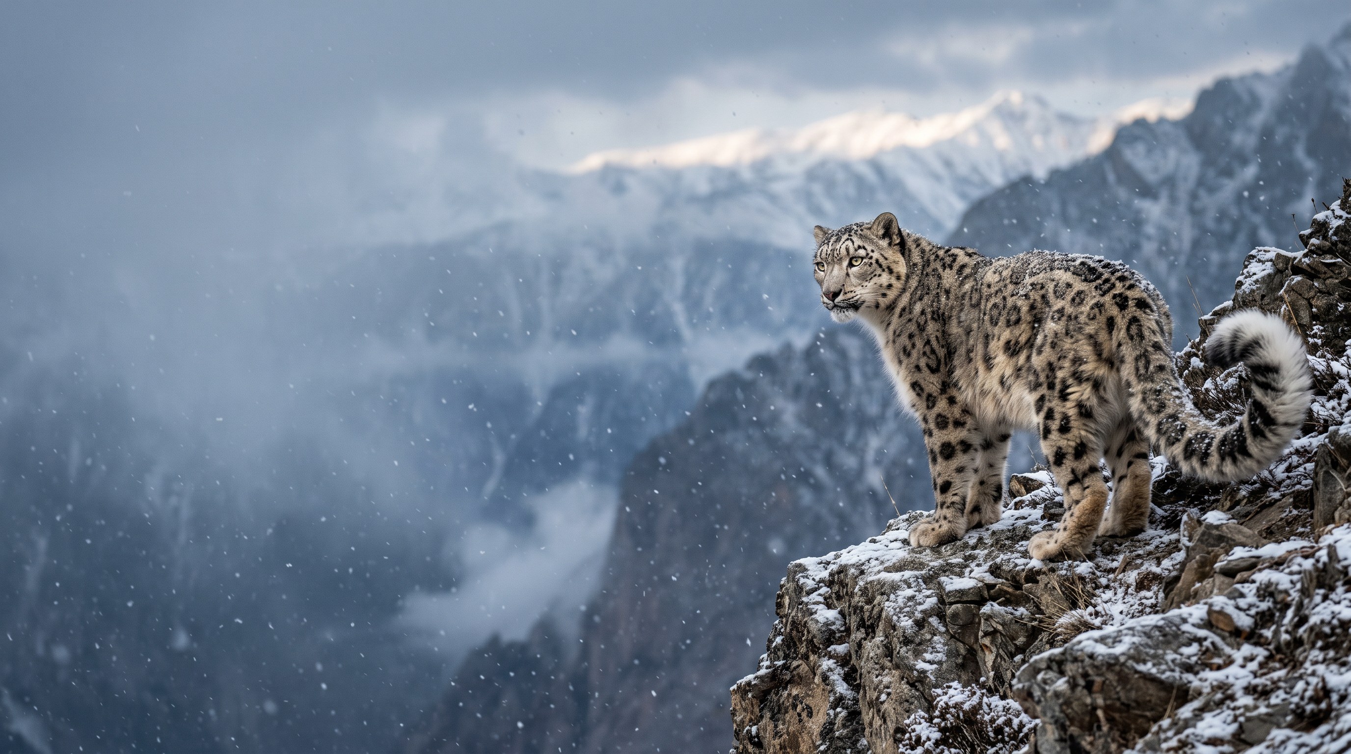 A snow leopard standing on a snowy ridge in falling snow, misty Himalayan peaks behind