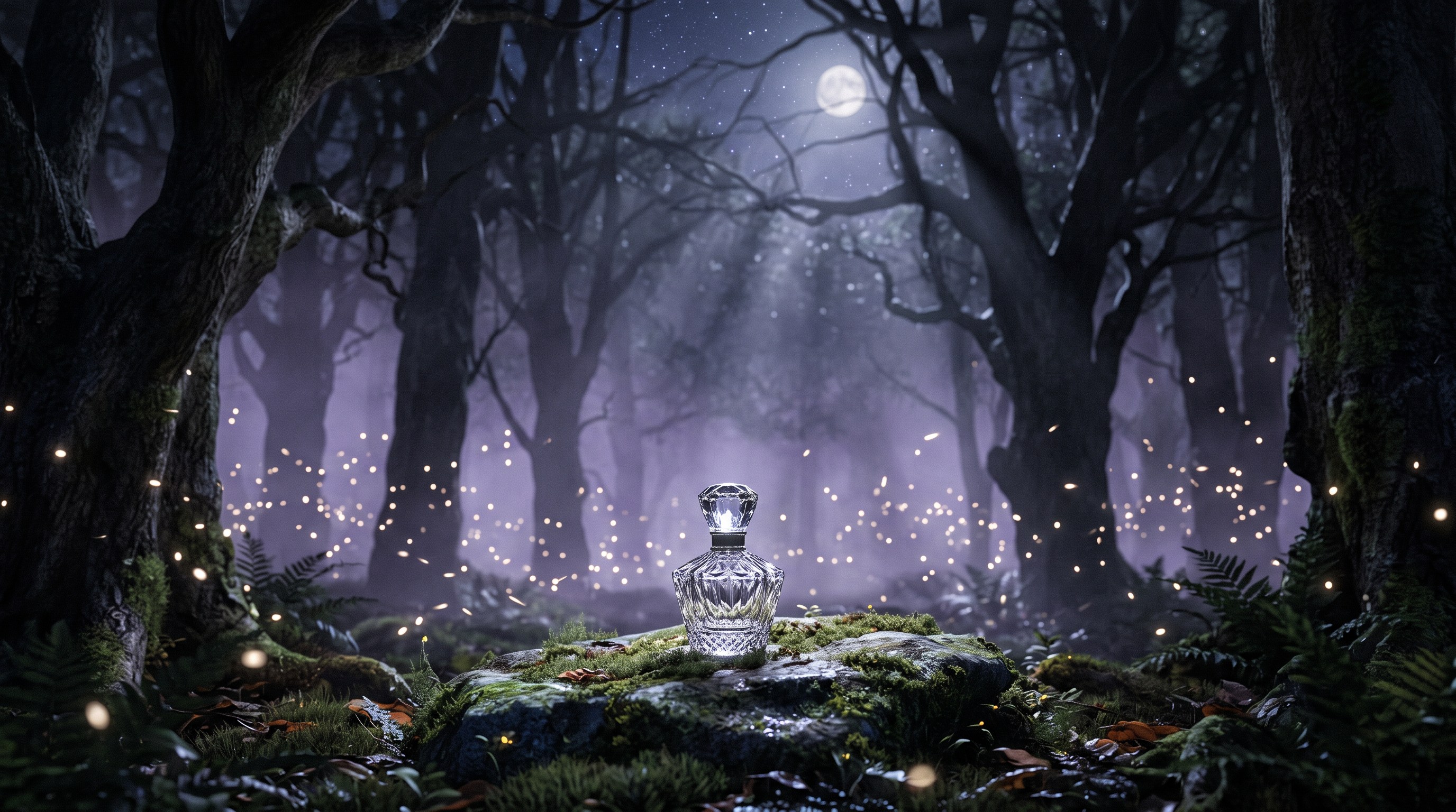 A cut crystal bottle of Wisp No. 7 on a mossy stone in a moonlit forest, with fireflies in the violet mist